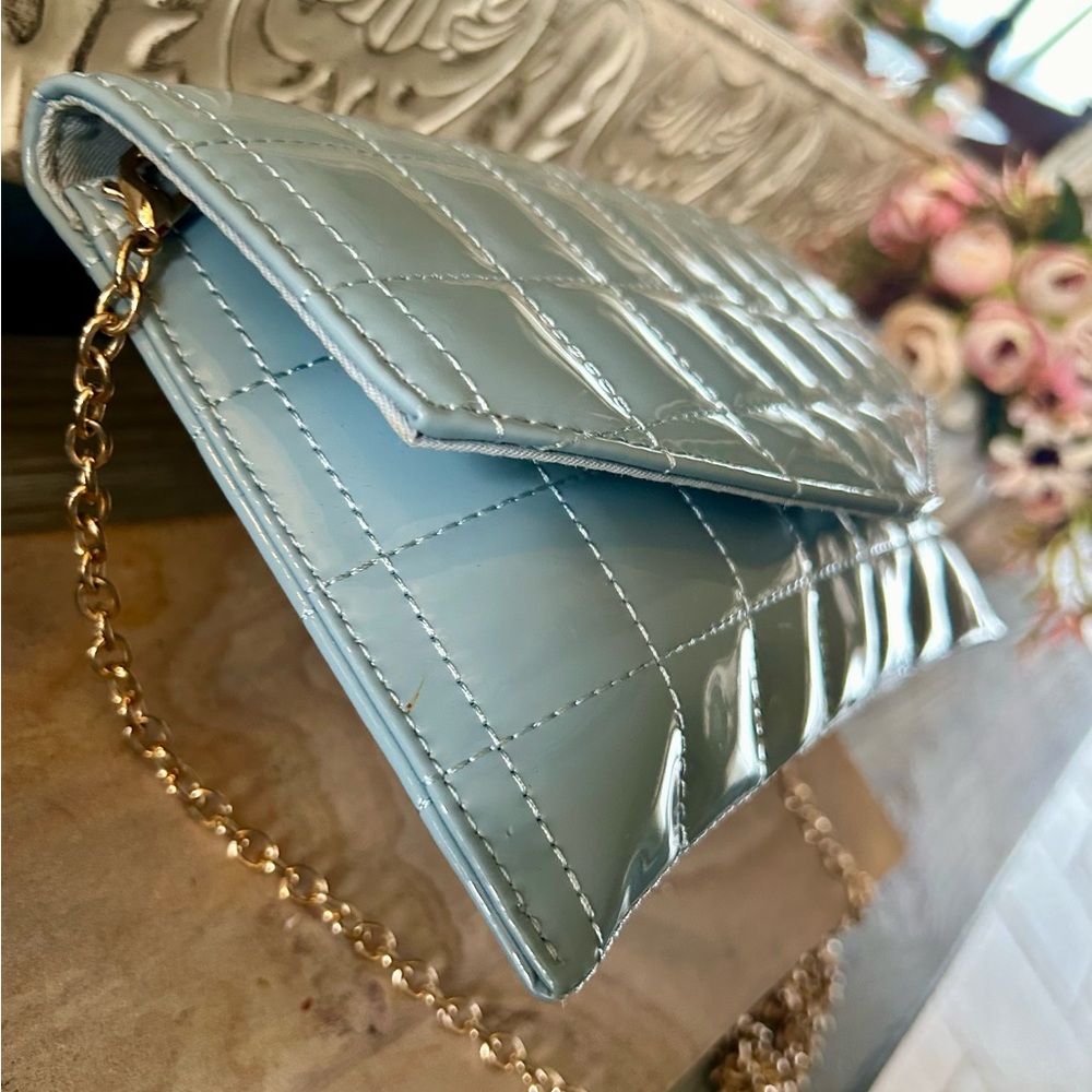 🌸🌷Crossi Blue Envelope Style Patent Puffy Quilted Crossbody Shoulder Bag Clutch - Picture 10 of 16